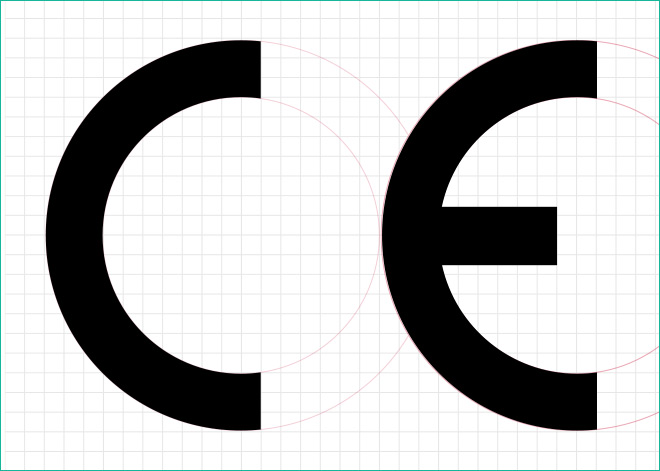 CE mark with grid showing correct arrangement of letters